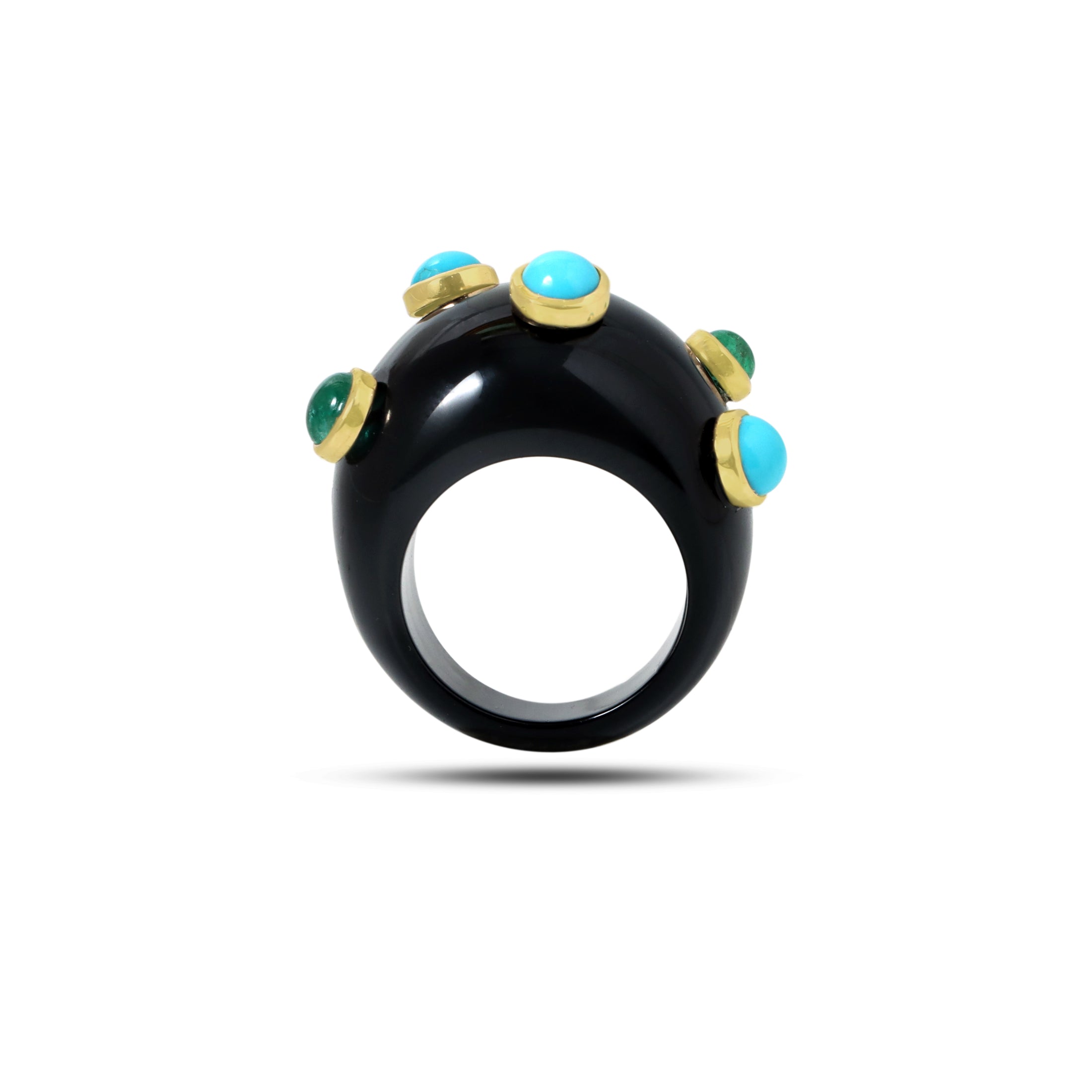 Natural Black Onyx and Turquoise & Emerald 14K gold ring on-hand view - NFJSD-1857