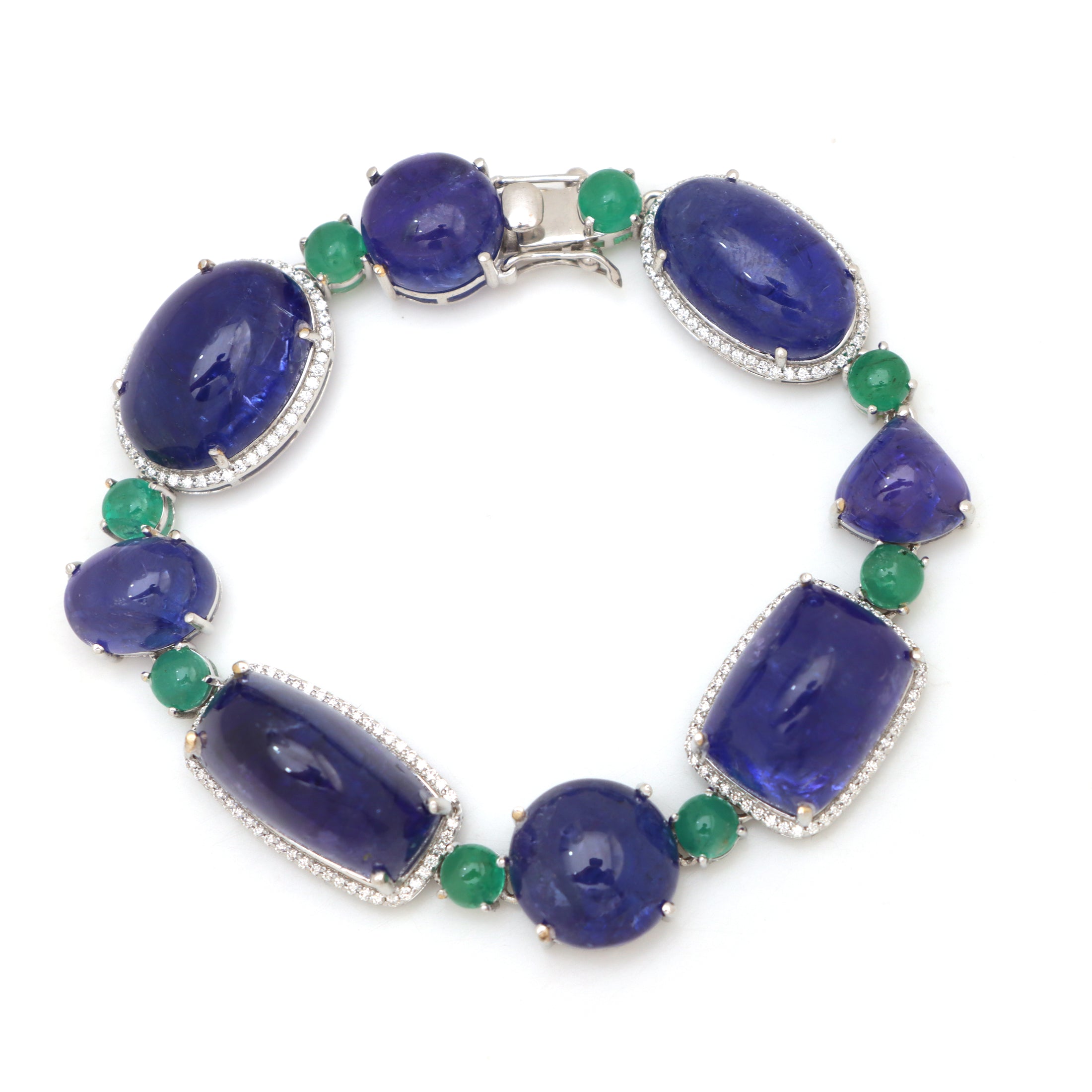 Natural Tanzanite and Emerald 18K gold bracelet front view - NFJSD-1473
