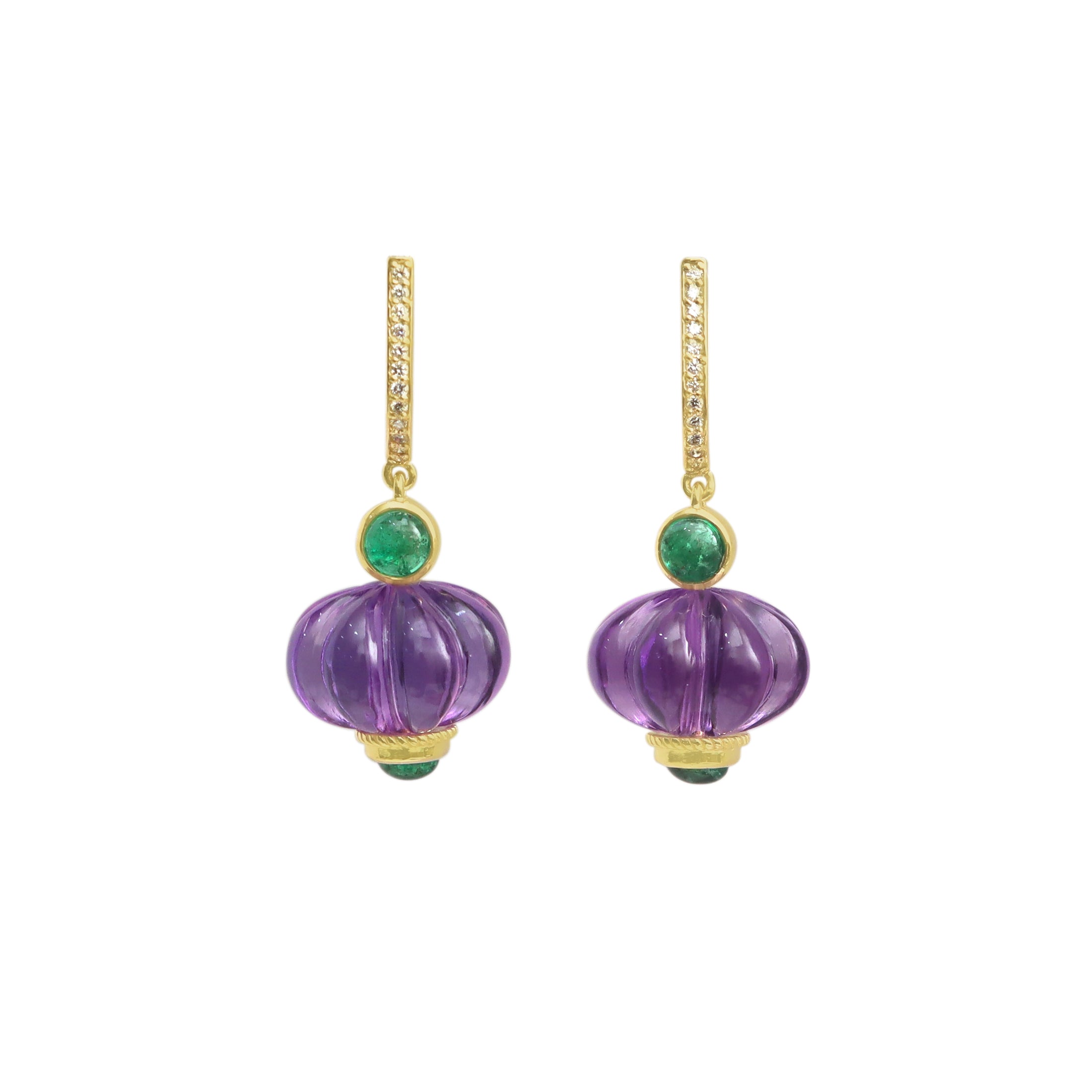 Natural Amethyst and Emerald 14K gold earrings front view - NFJSD-2020