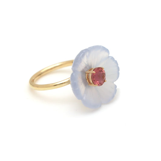Natural Crystal Quartz Carving and Pink Tourmaline 14K gold ring side angle - NFJSD-1564