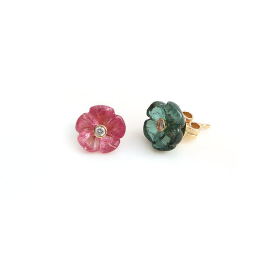 Natural Pink Tourmaline and Green Tourmaline 14K gold earrings front view - NFJSD-1965