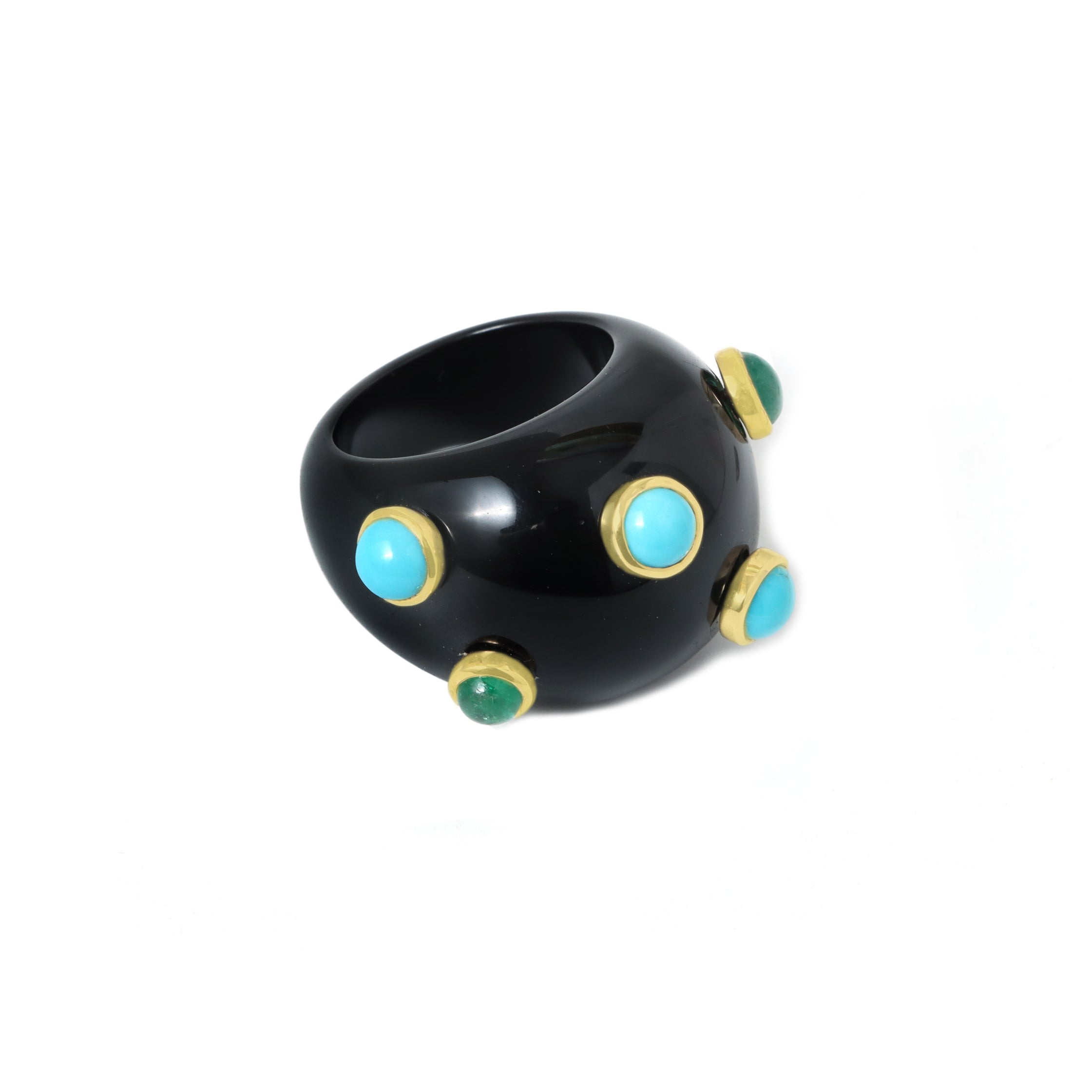 Natural Black Onyx and Turquoise & Emerald 14K gold ring close-up detail - NFJSD-1857
