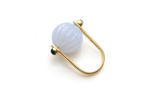Natural Blue Chalcedony Carving Ball and Emerald Round Cab 14K gold ring front view - NFJSD-1290
