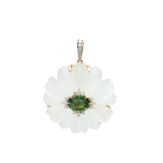 Natural Crystal Carving and Tourmaline 18K gold pendant front view - NFJSD-1731