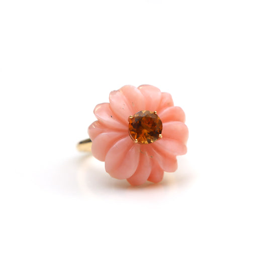 Natural Pink Opal Carving and Yellow Tourmaline 14K gold ring front view - NFJSD-1559