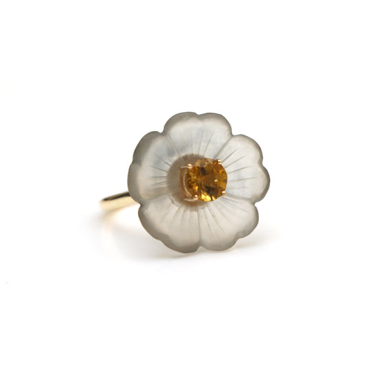 Natural Crystal Carving and Yellow Tourmaline 14K gold ring front view - NFJSD-1557