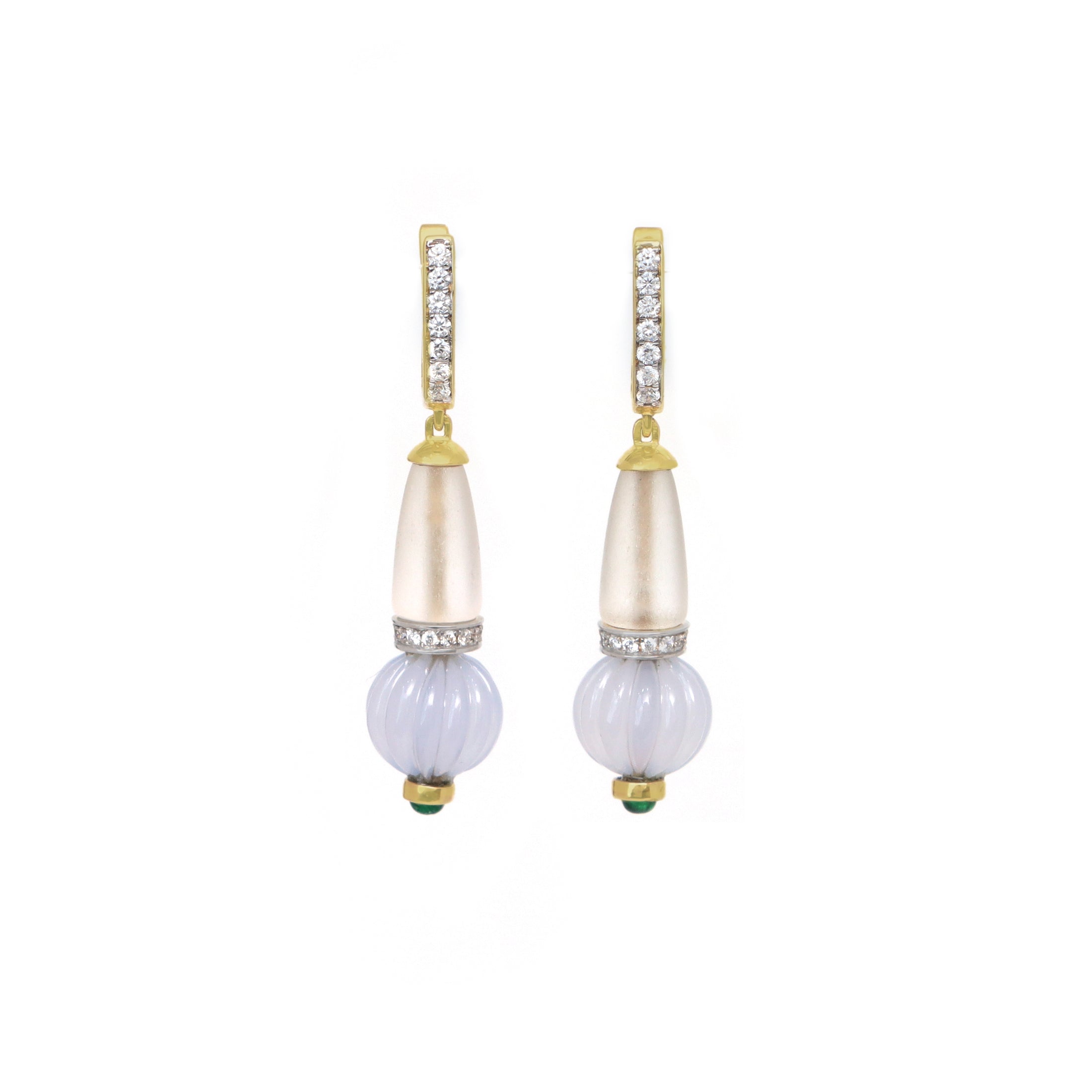 Natural Emerald Round Cabs and Blue Chalcedony Carving Ball 14K gold earrings on-hand view - NFJSD-1132