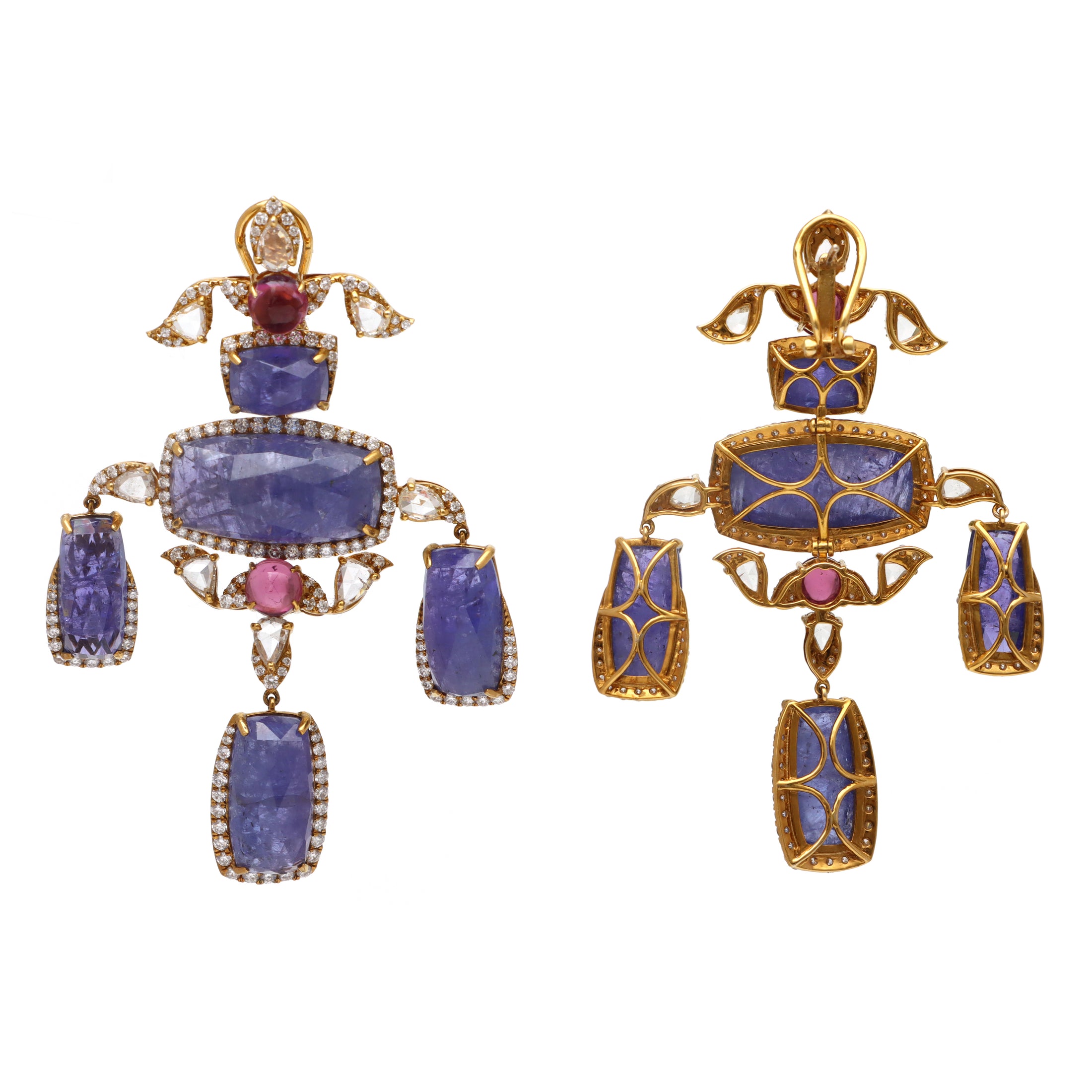 Natural Garnet and Tanzanite 18K gold earrings on-hand view - NFJSD-1626