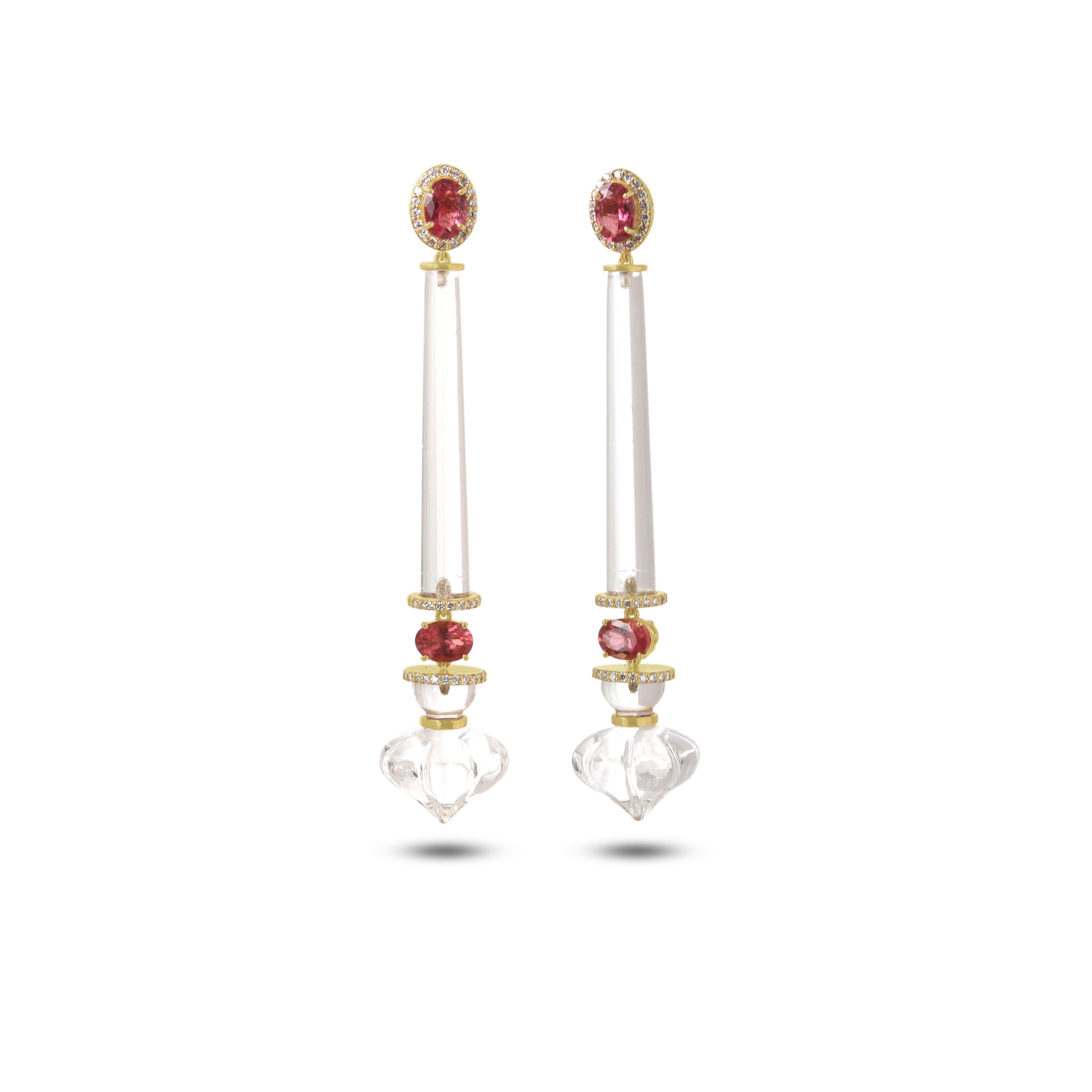 Natural Crystal and Tourmaline 18K gold earrings close-up detail - NFJSD-1962