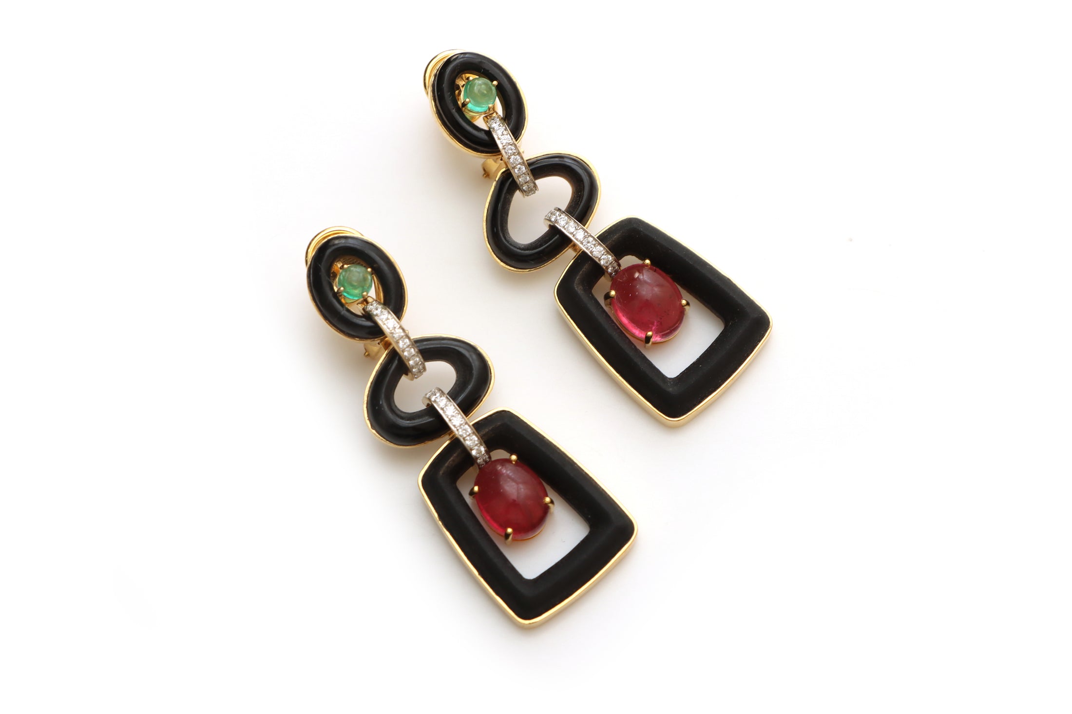 Natural Emerald Cabs and Tourmaline Oval Cabs 18K gold earrings front view - NFJSD-1403