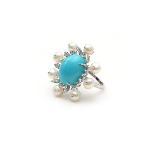 Natural Pearl and Turquoise 18K gold ring front view - NFJSD-1812