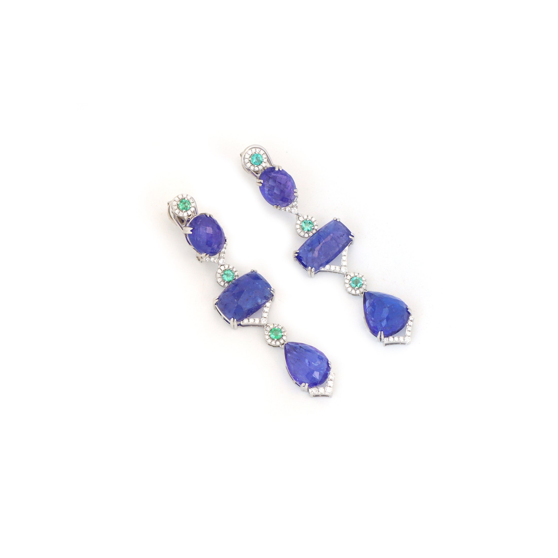 Natural Tanzanite and Emerald 18K gold earrings close-up detail - NFJSD-1801