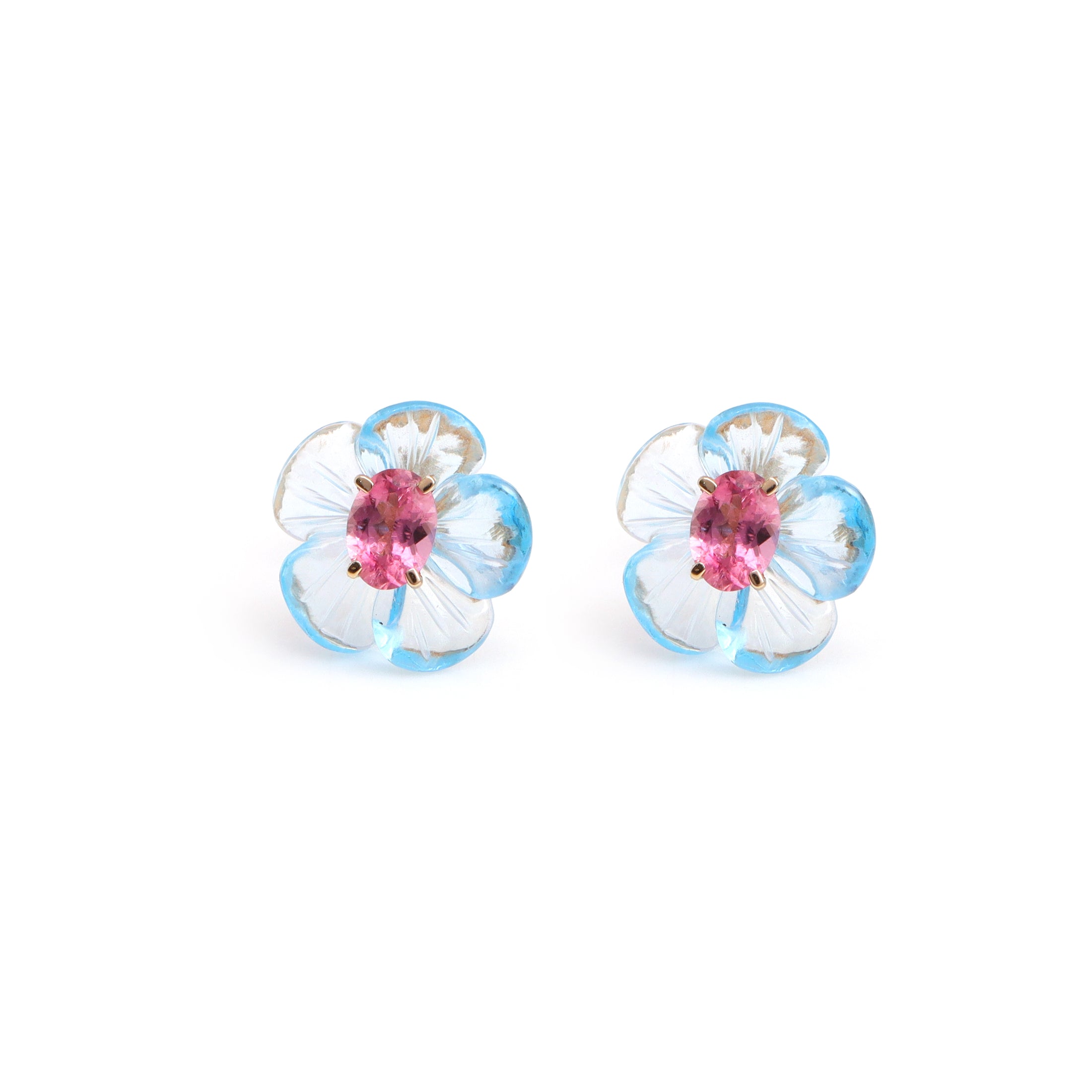 Natural Blue Topaz and Pink Tourmaline 14K gold earrings front view - NFJSD-2049