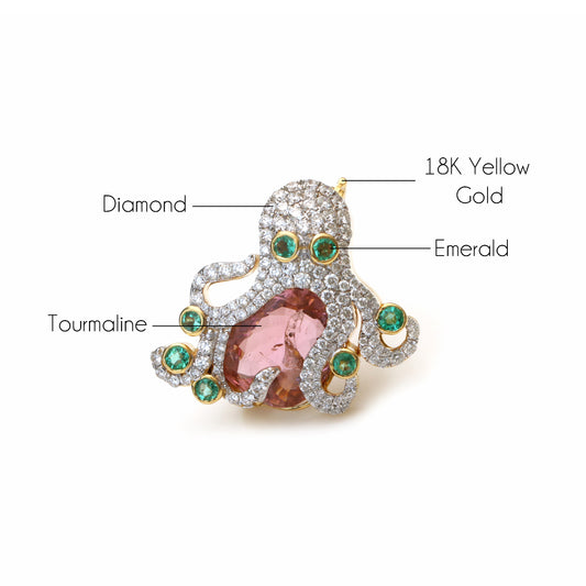 Natural Tourmaline and Emerald 18K gold brooch side angle - NFJSD-1787