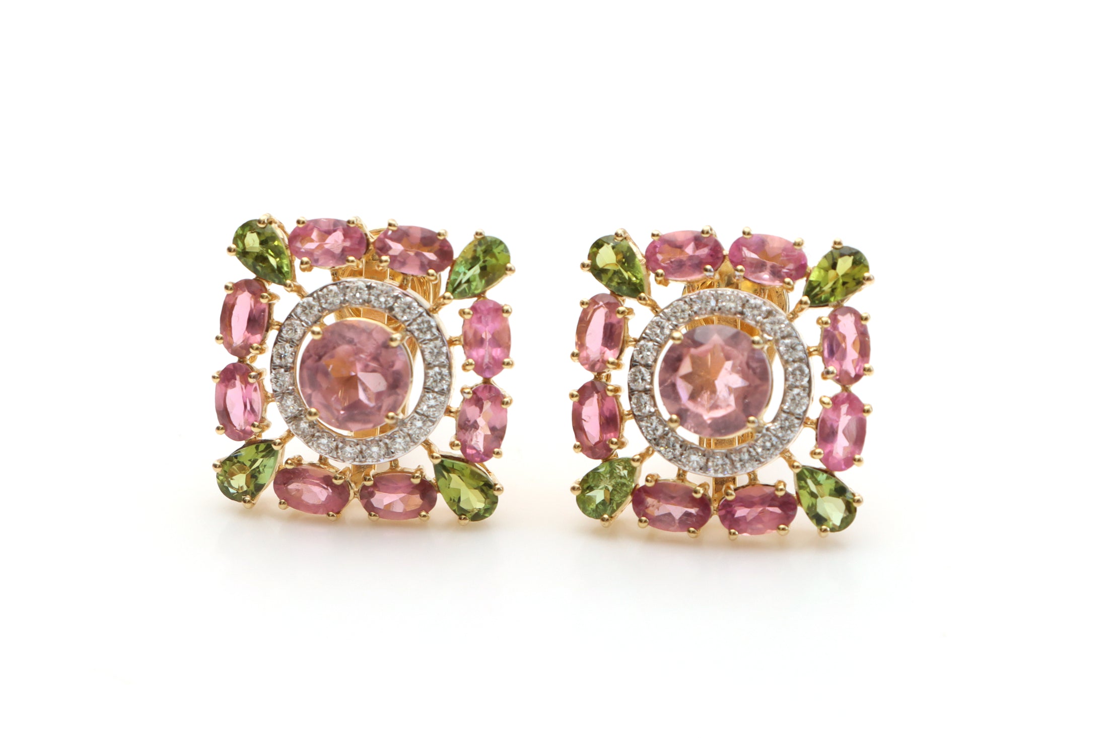 Natural Tourmaline Mix Cut 14K gold earrings front view - NFJSD-1098