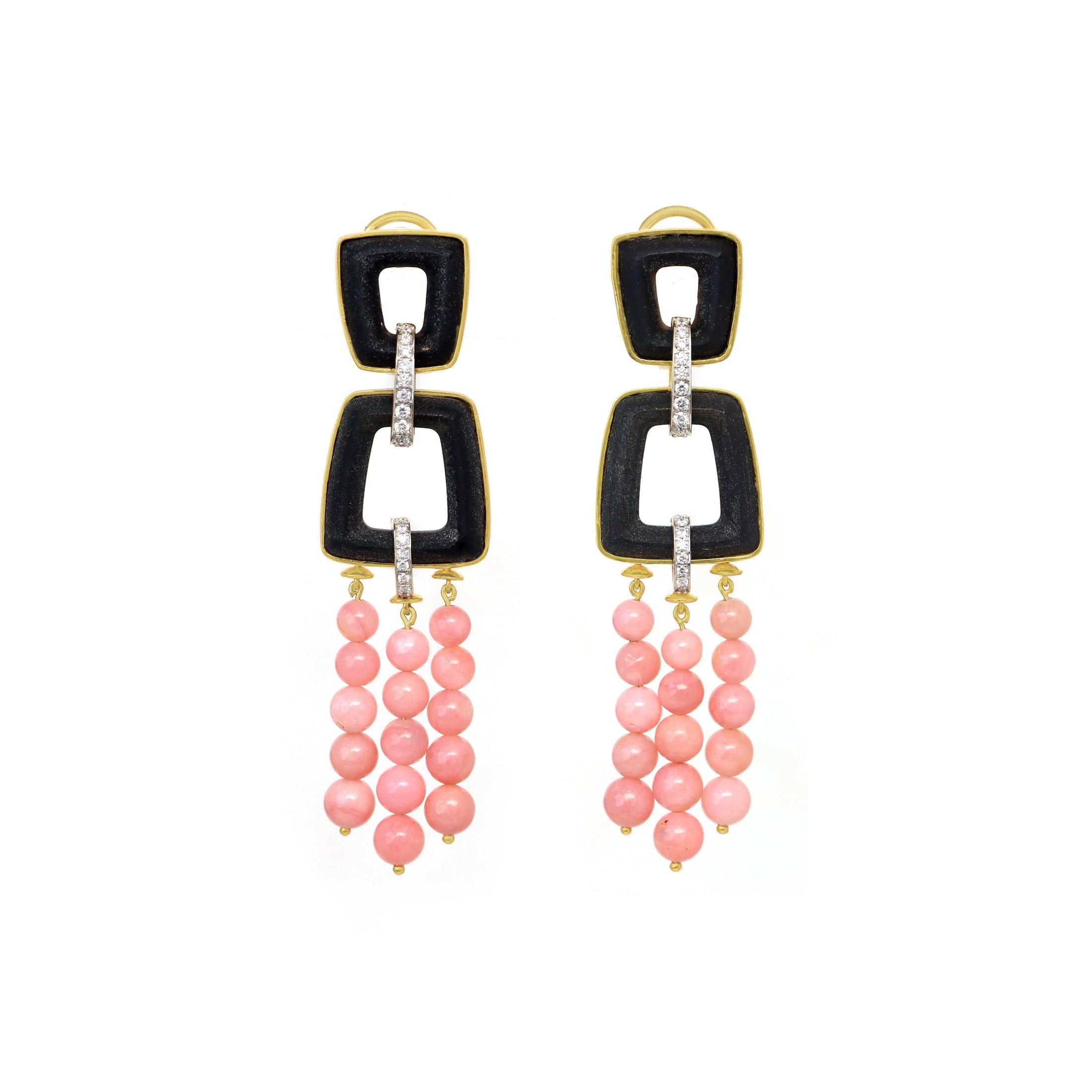 Natural Black Onyx Frame and Pink Opal Smooth Balls 18K gold earrings on-hand view - NFJSD-1405