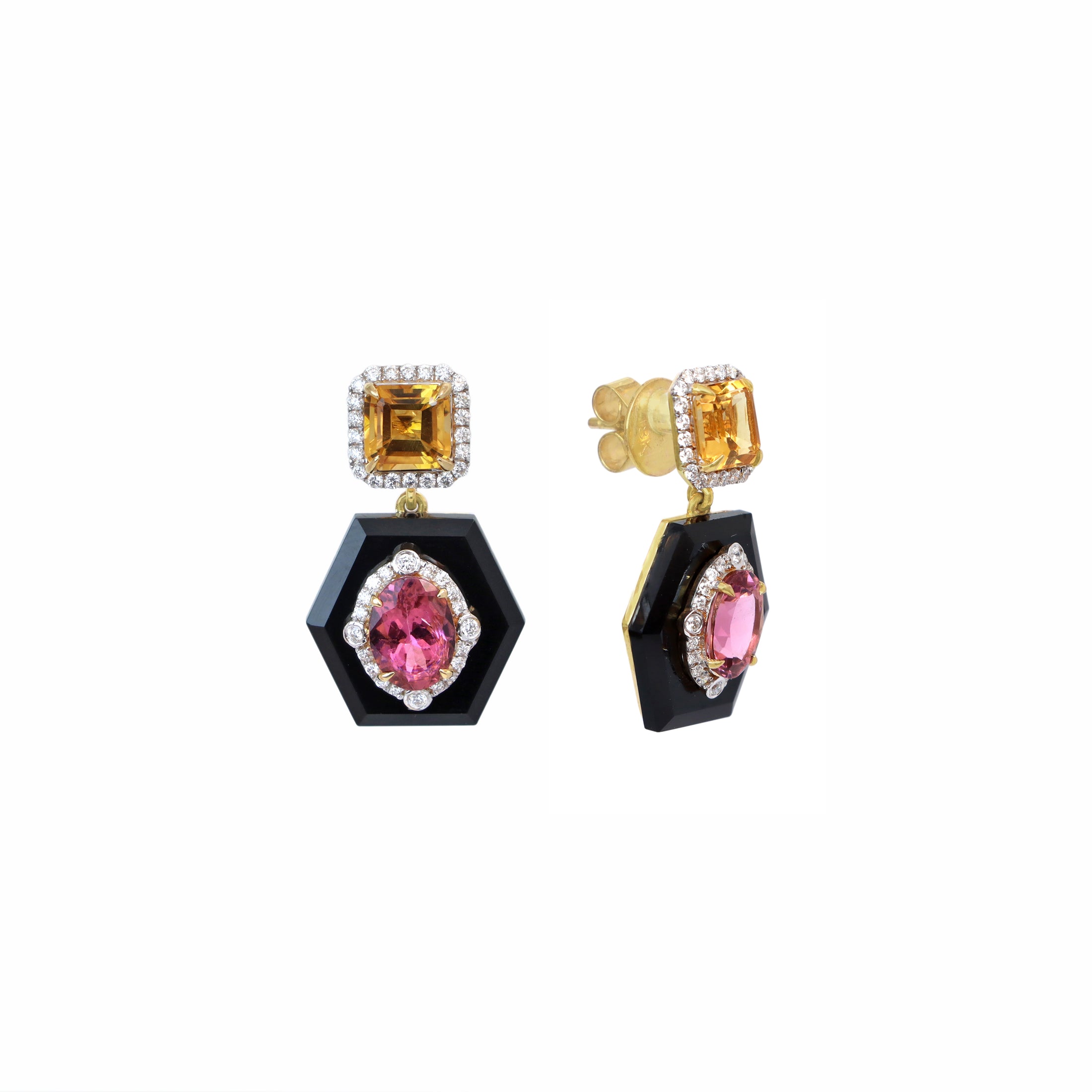 Natural Black Onyx and Citrine 18K gold earrings close-up detail - NFJSD-1796