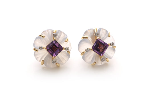 Natural Amethyst Square Cut and Blue Chalcedony Carving Flower 14K gold earrings front view - NFJSD-1166