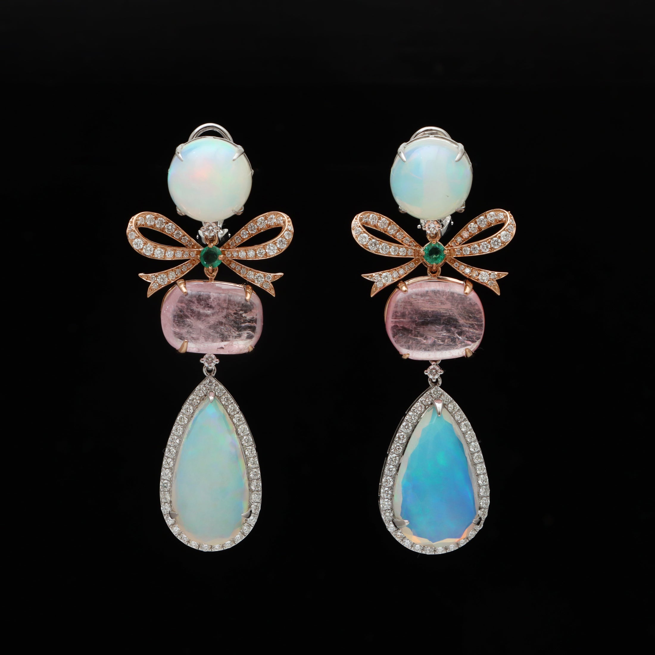 Natural Ethiopian Opal and Emerald 18K gold earrings front view - NFJSD-1752