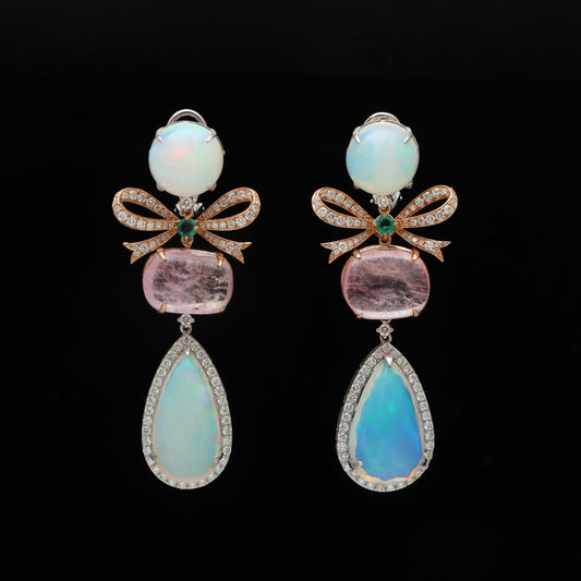 Natural Ethiopian Opal and Emerald 18K gold earrings front view - NFJSD-1752