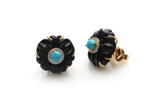 Natural Turquoise Round Cabs and Black Onyx Carving Flower 14K gold earrings front view - NFJSD-1183