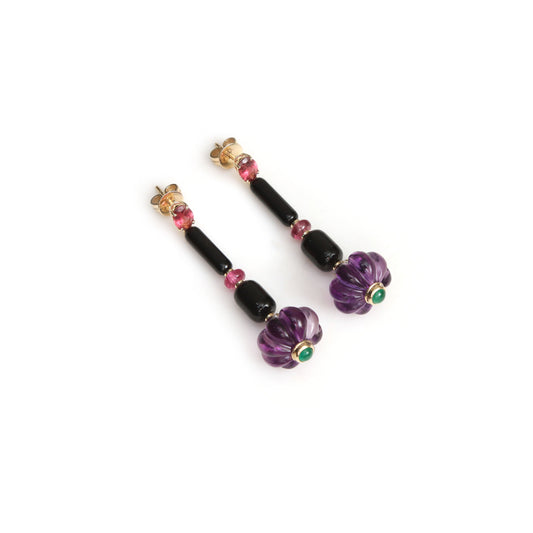 Natural Pink Tourmaline and Amethyst 14K gold earrings front view - NFJSD-2032