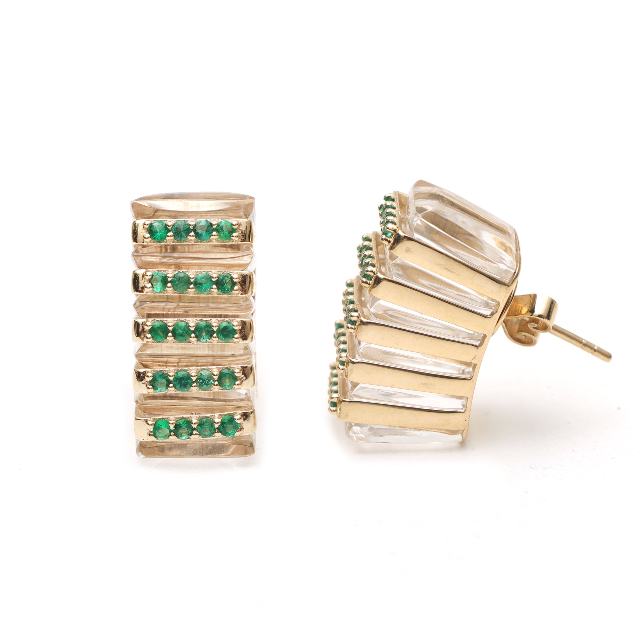 Natural Emerald Round Cuts and Crystal Quartz Fancy Carving 14K gold earrings on-hand view - NFJSD-1061