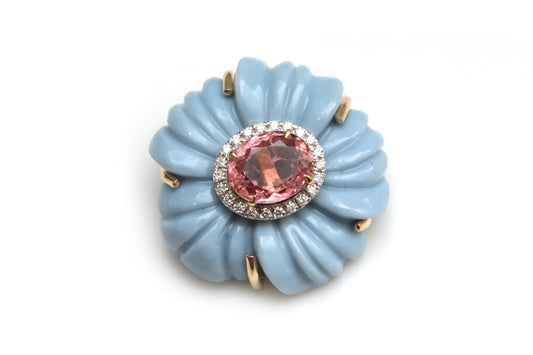 Natural Tourmaline Oval Cut and Blue Opal Carving Flower 14K gold pendant front view - NFJSD-1247