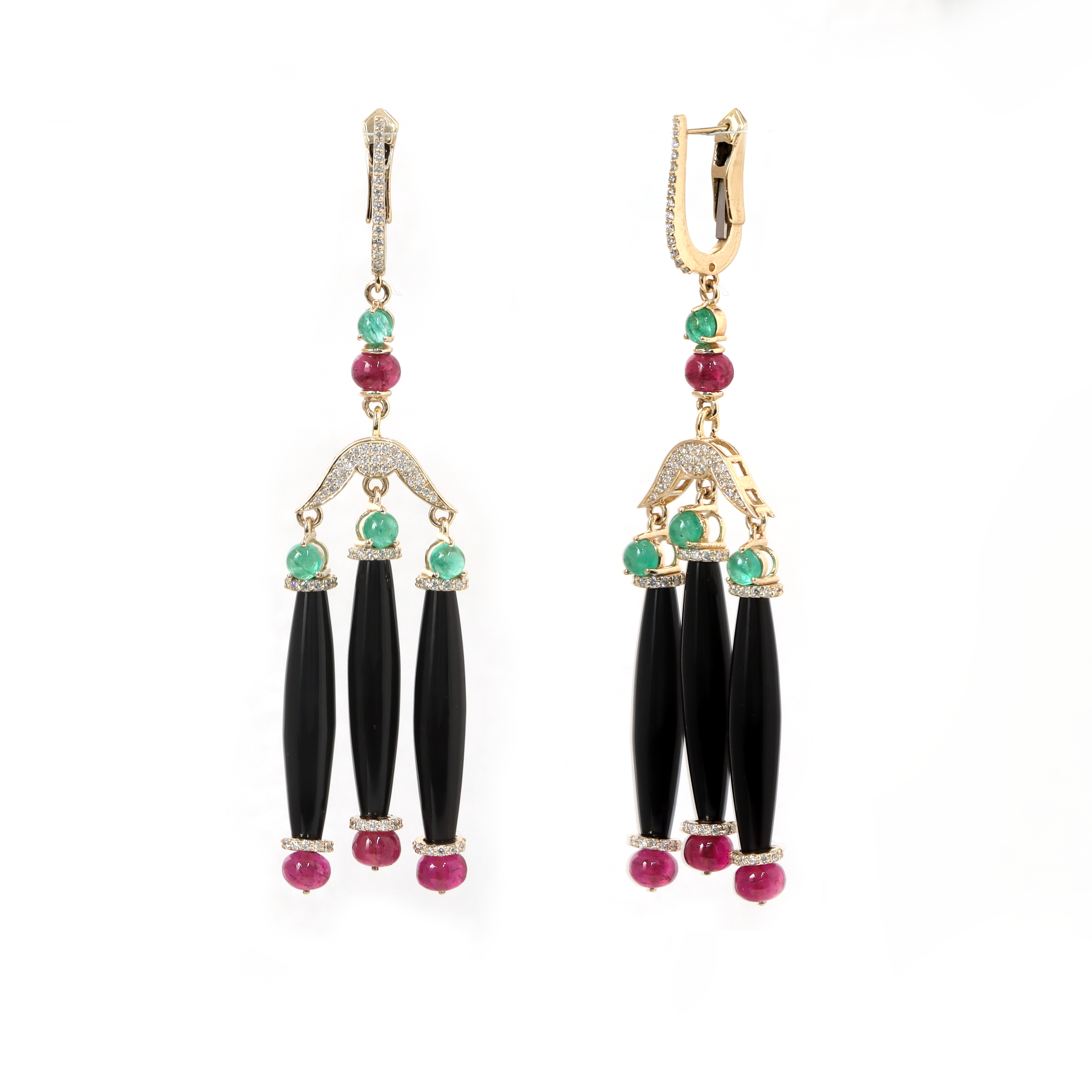 Natural Black Onyx and Tourmaline 14K gold earrings close-up detail - NFJSD-1938