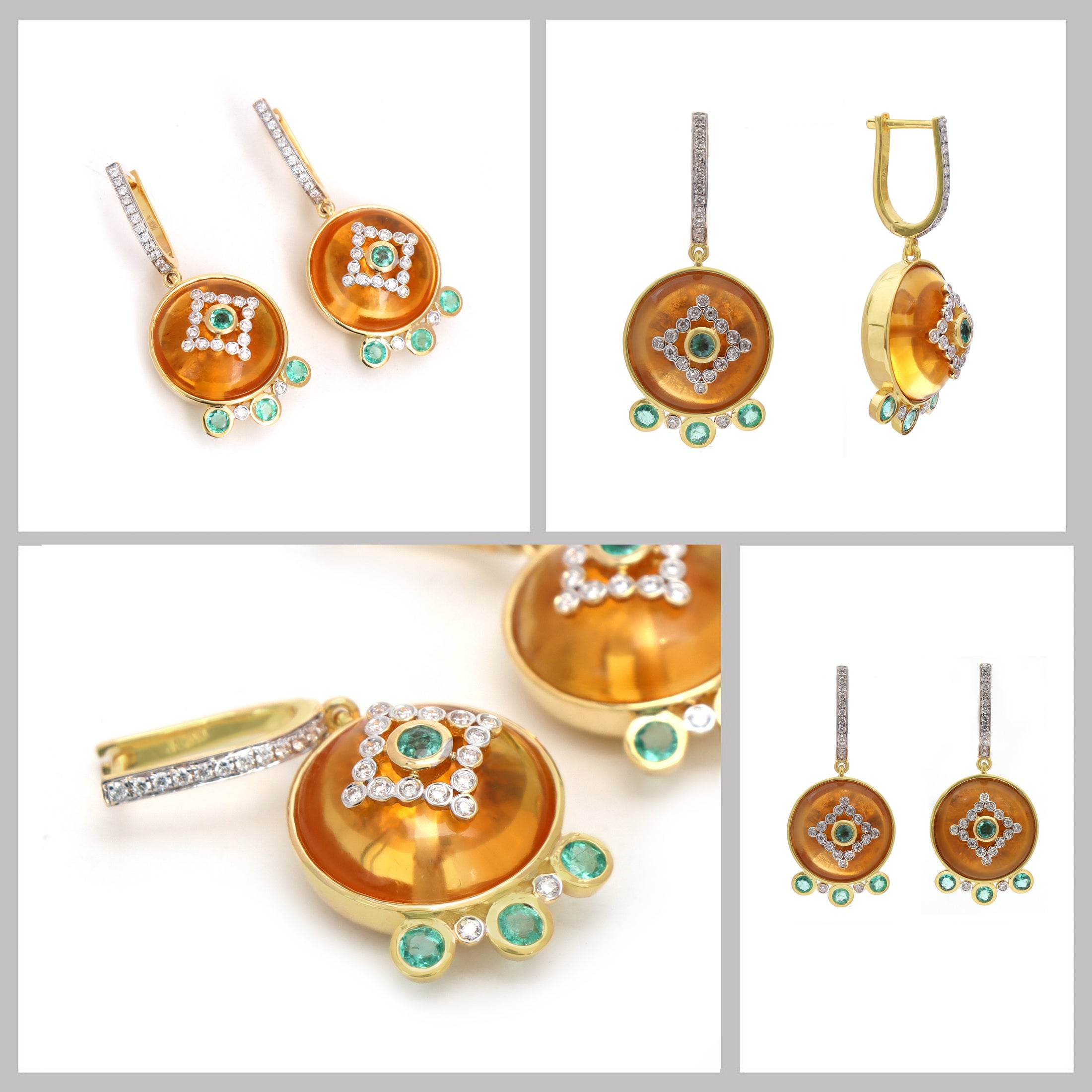 Natural Citrine and Emerald 14K gold earrings top view - NFJSD-1799