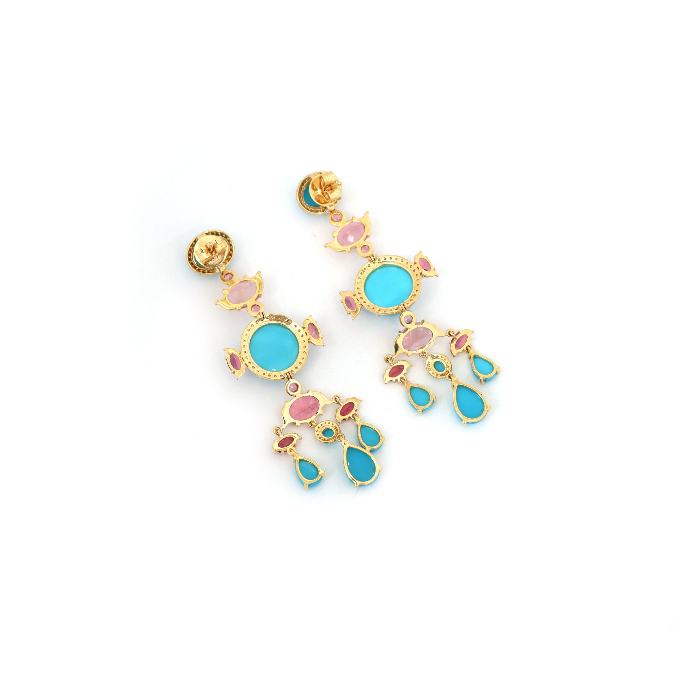Natural Turquoise and Tourmaline 18K gold earrings close-up detail - NFJSD-1806