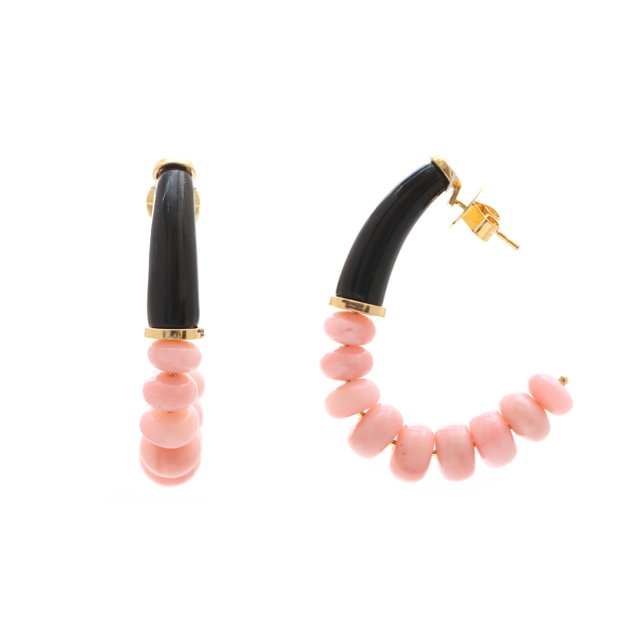 Natural Black Onyx and Pink Opal 18K gold earrings front view - NFJSD-1416