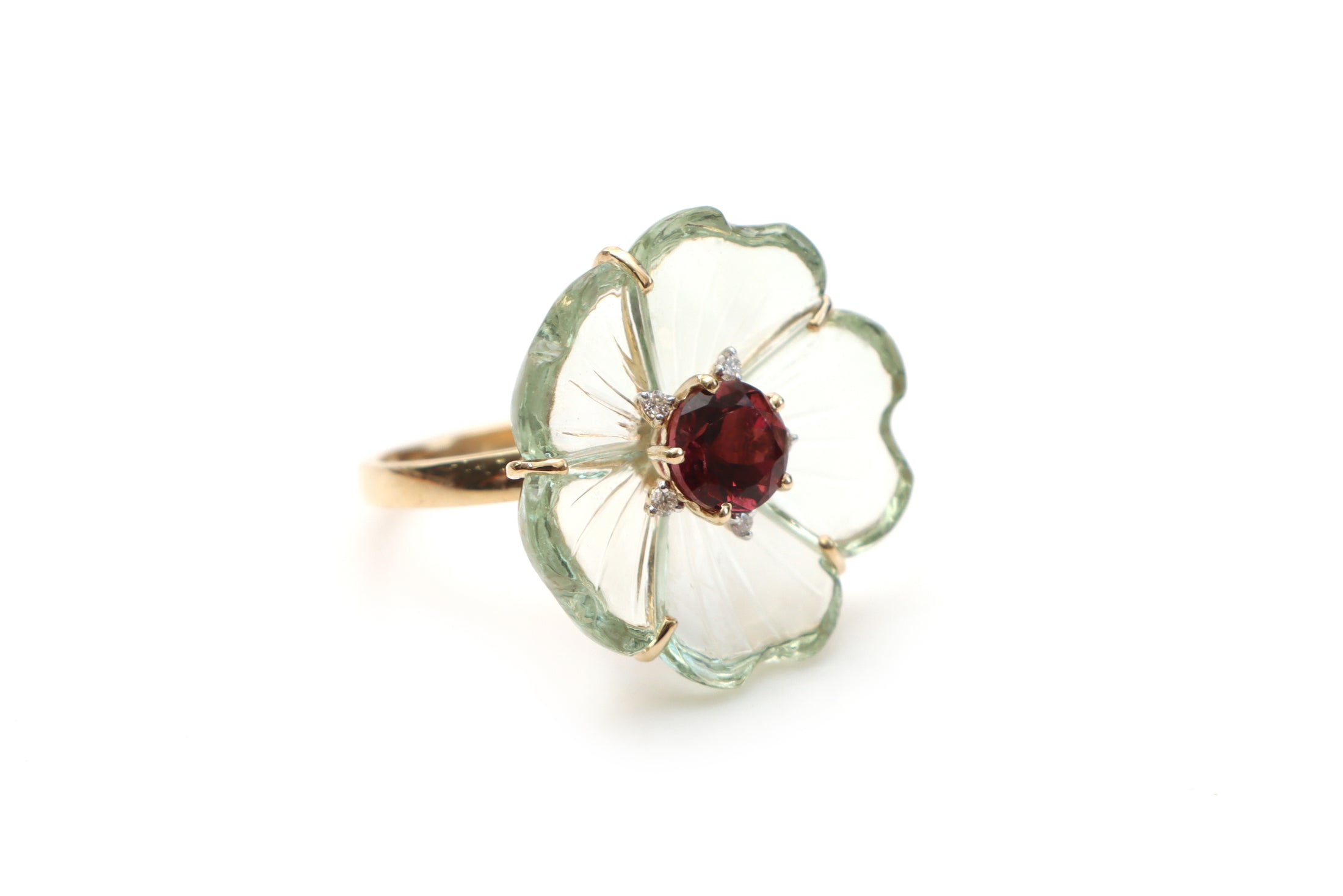 Natural Tourmaline Round Cut and Green Amethyst carving Flower 14K gold ring front view - NFJSD-1134