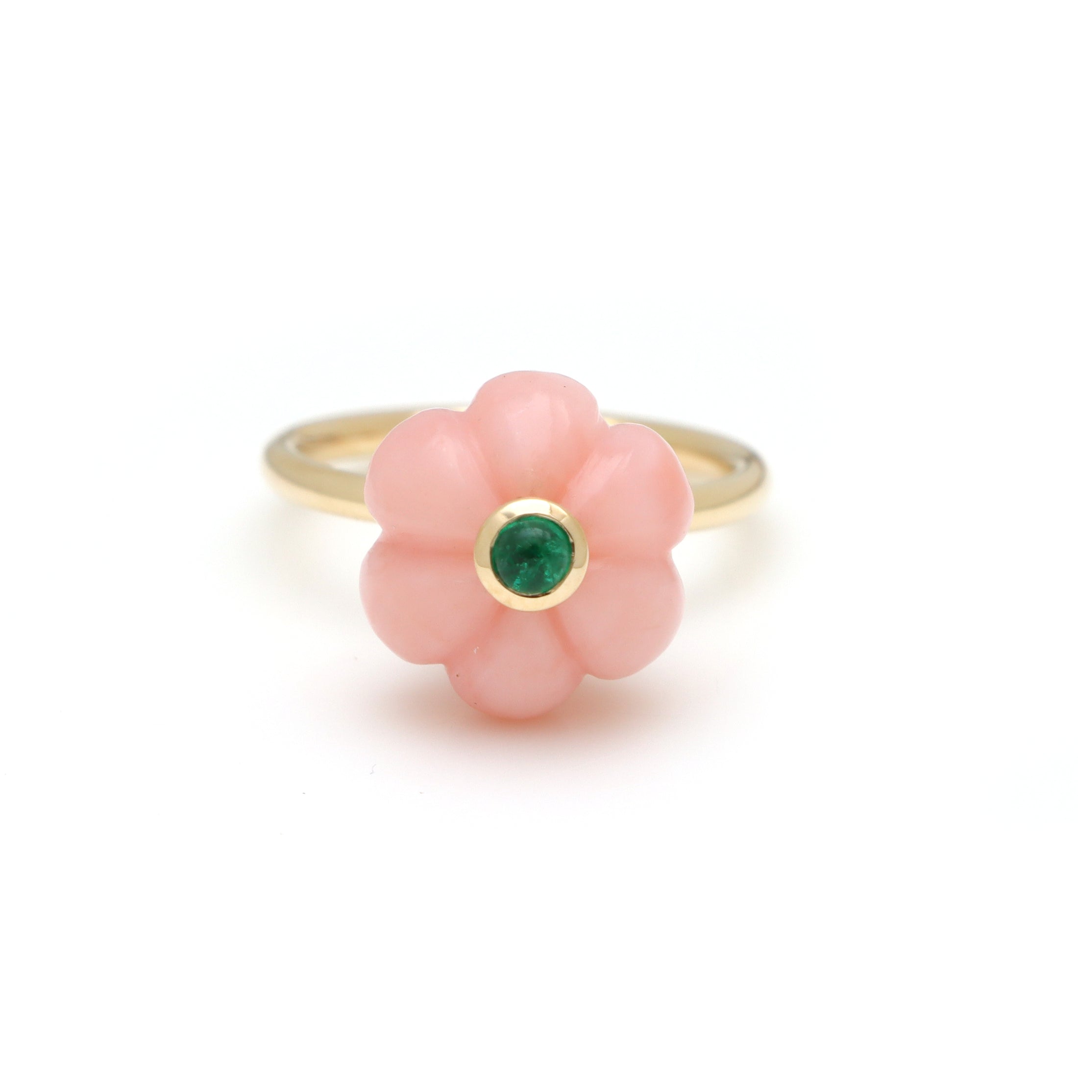 Natural Pink Opal Carving and Emerald 14K gold ring top view - NFJSD-1754