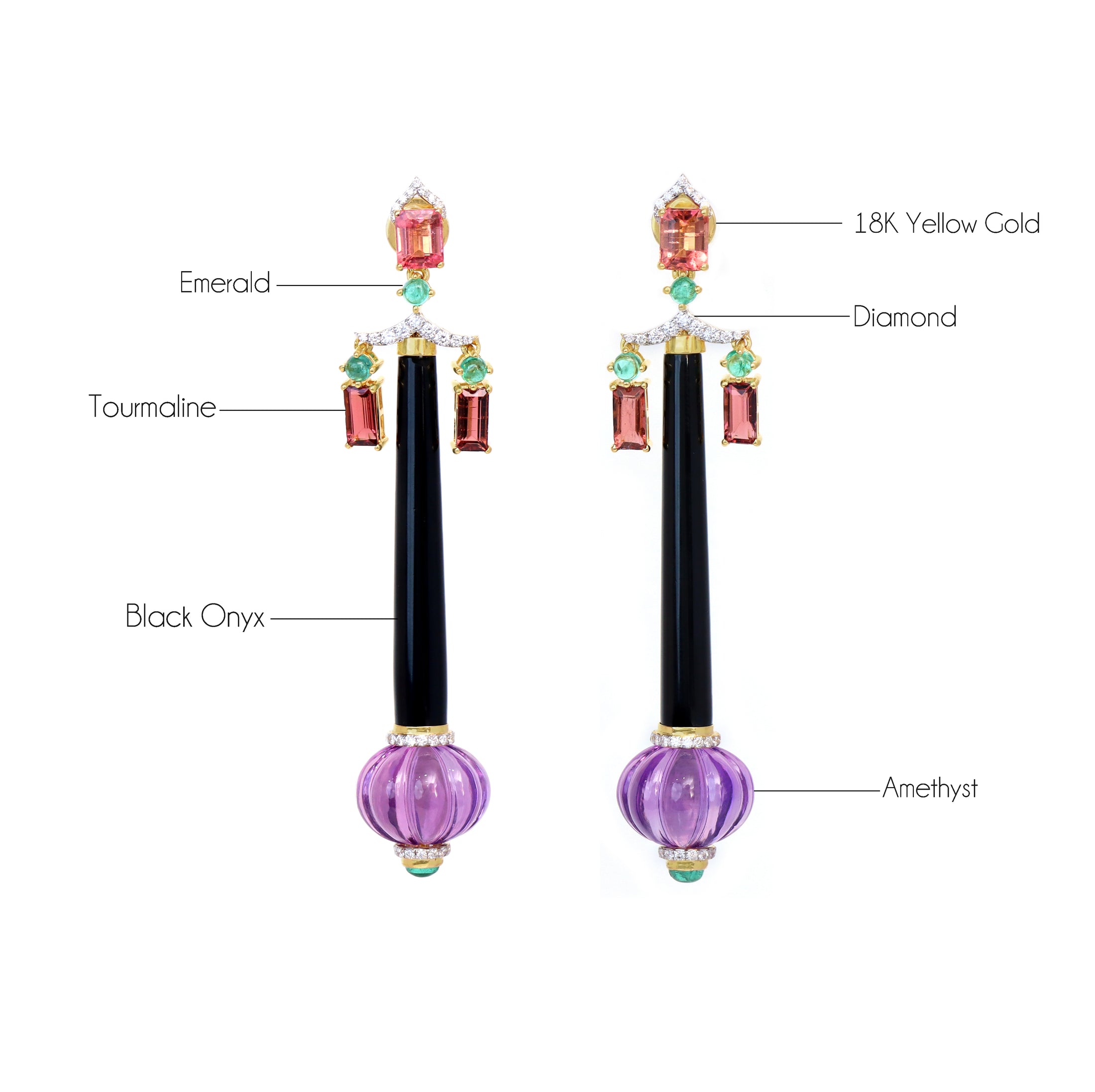 Natural Black Onyx and Emerald 18K gold earrings side angle - NFJSD-1773