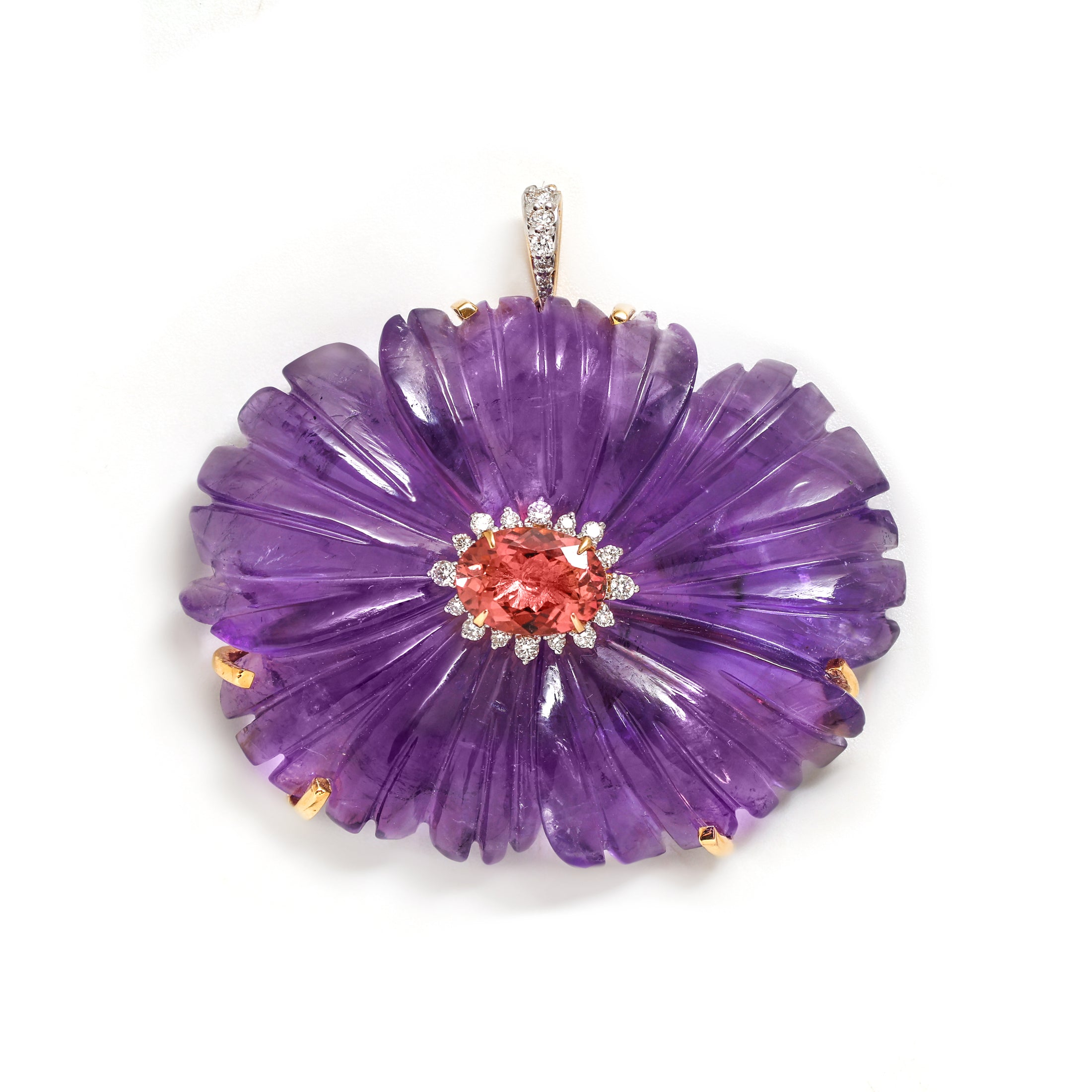 Natural Amethyst and Tourmaline 18K gold pendant close-up detail - NFJSD-1697
