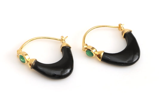 Natural Emerald Round Cabs and Black Onyx Carving 14K gold earrings front view - NFJSD-1359