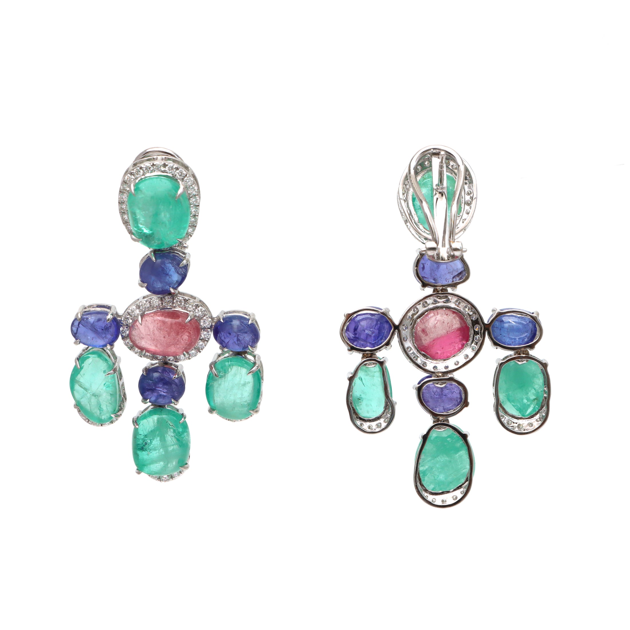 Natural Emerald and Tanzanite 18K gold earrings top view - NFJSD-1760
