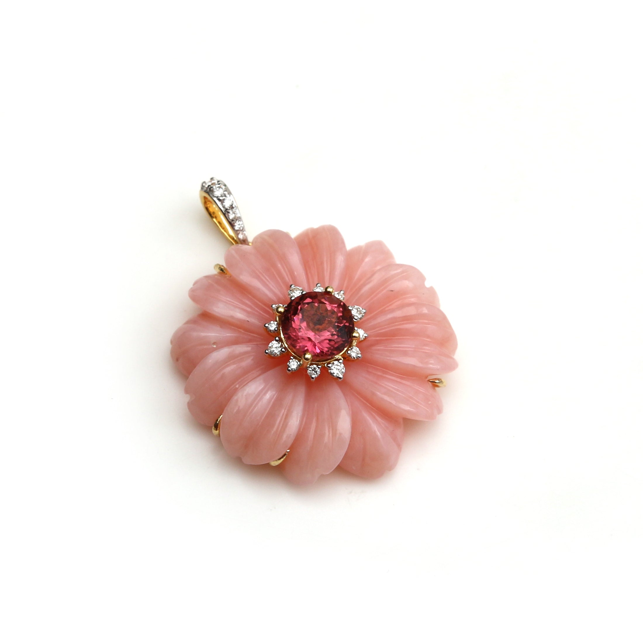 Natural Pink Opal and Tourmaline 14K gold pendant front view - NFJSD-1642