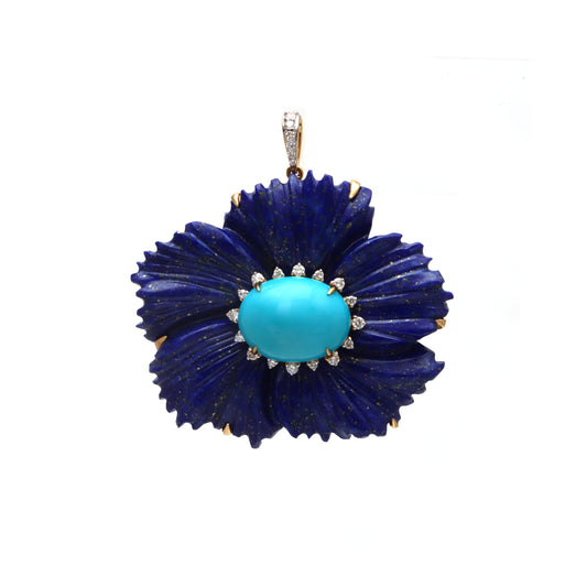 Natural Lapis and Turquoise 18K gold pendant front view - NFJSD-1703