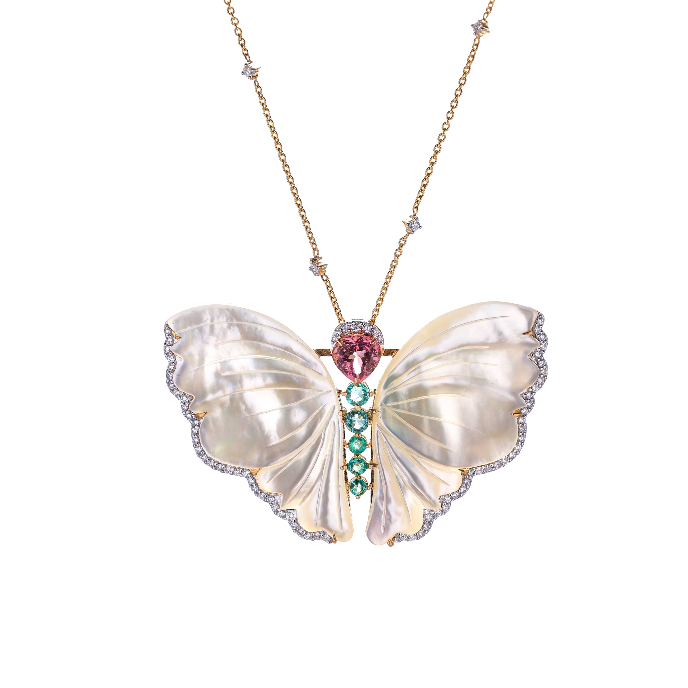 Natural MOP Carving and Tourmaline 18K gold necklace top view - NFJSD-1743