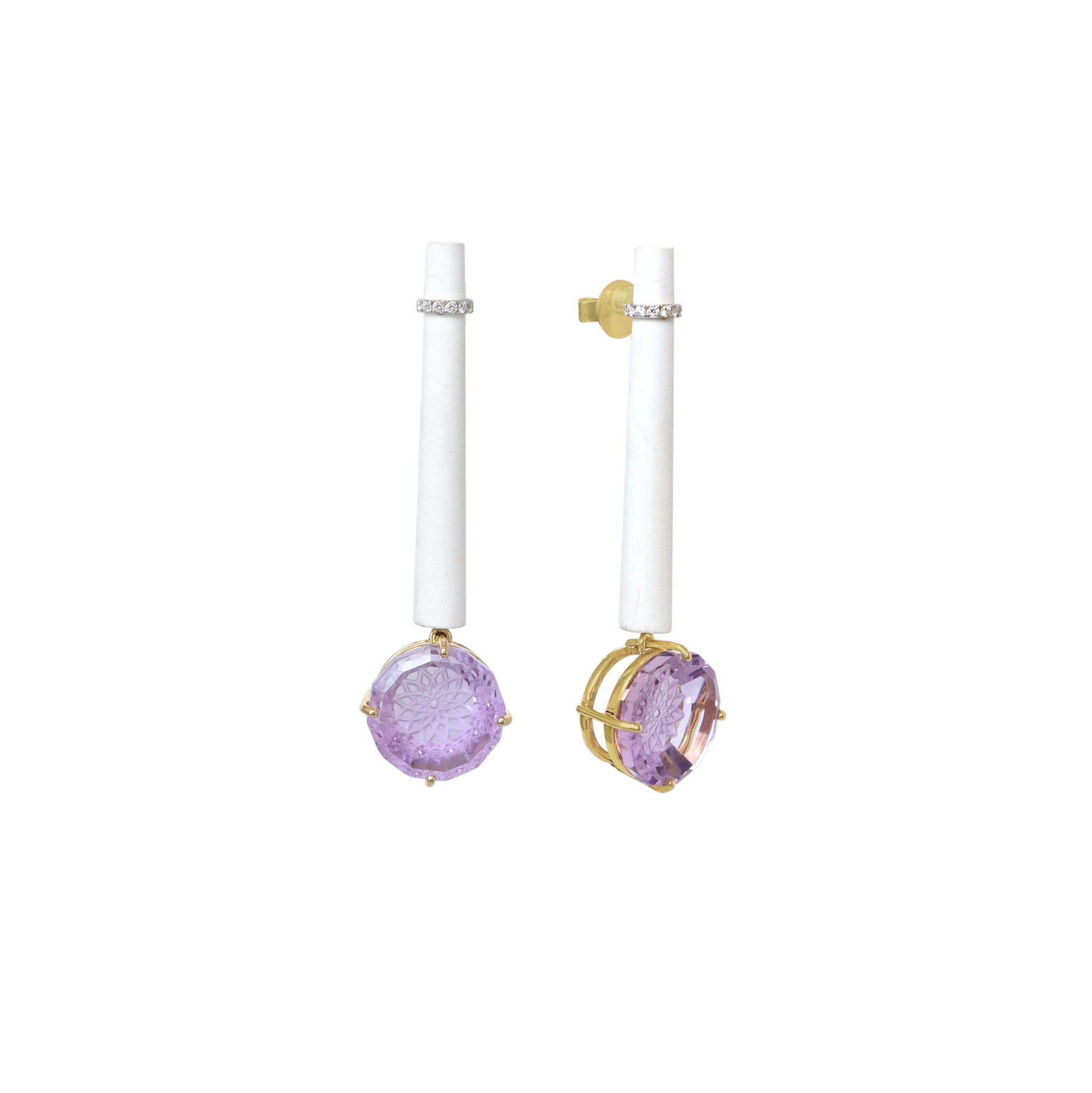Natural White Agate and Lavender 14K gold earrings on-hand view - NFJSD-1374