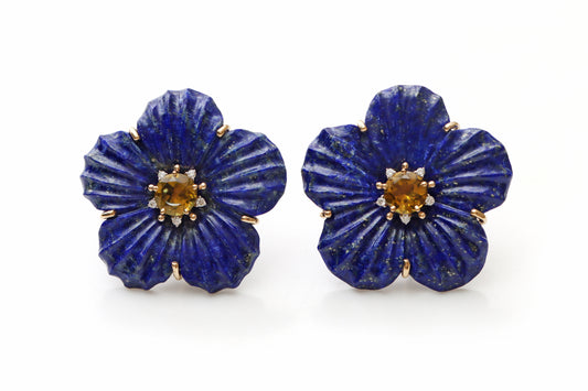 Natural Yellow Tourmaline and Lapis Carving Flower 14K gold earrings front view - NFJSD-1208