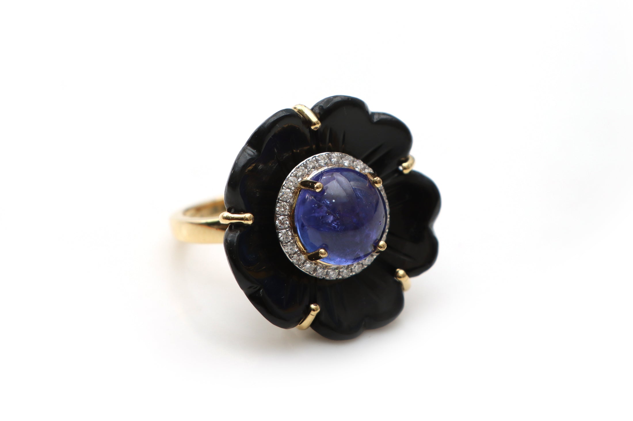 Natural Tanzanite Round Cab and Black Onyx Carving Flower 14K gold ring front view - NFJSD-1215