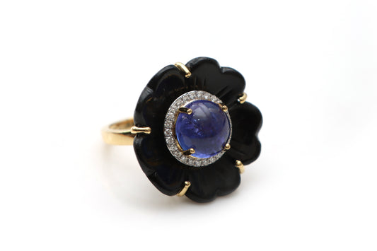 Natural Tanzanite Round Cab and Black Onyx Carving Flower 14K gold ring front view - NFJSD-1215