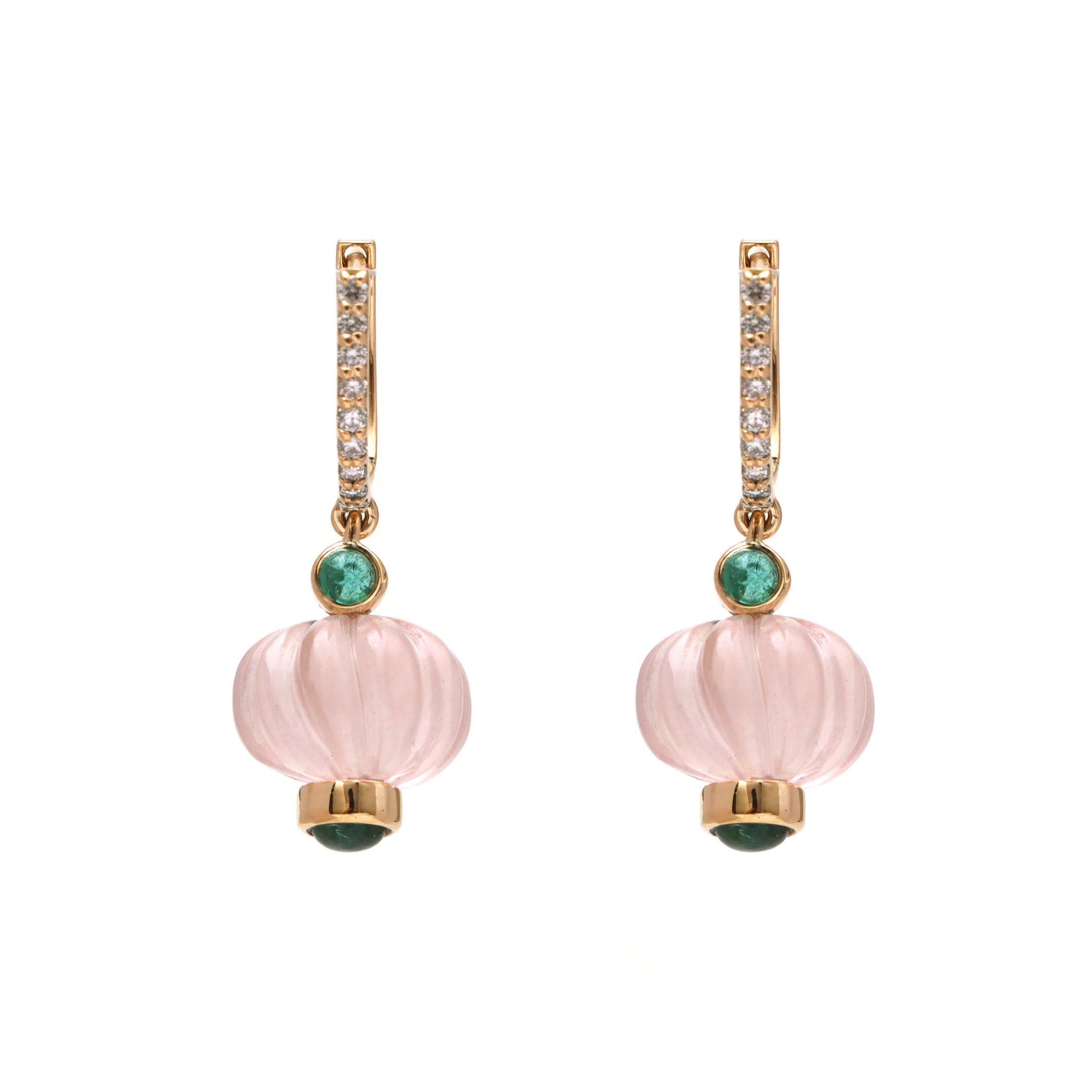 Natural Rose Quartz Carving and Emerald 18K gold earrings close-up detail - NFJSD-1756