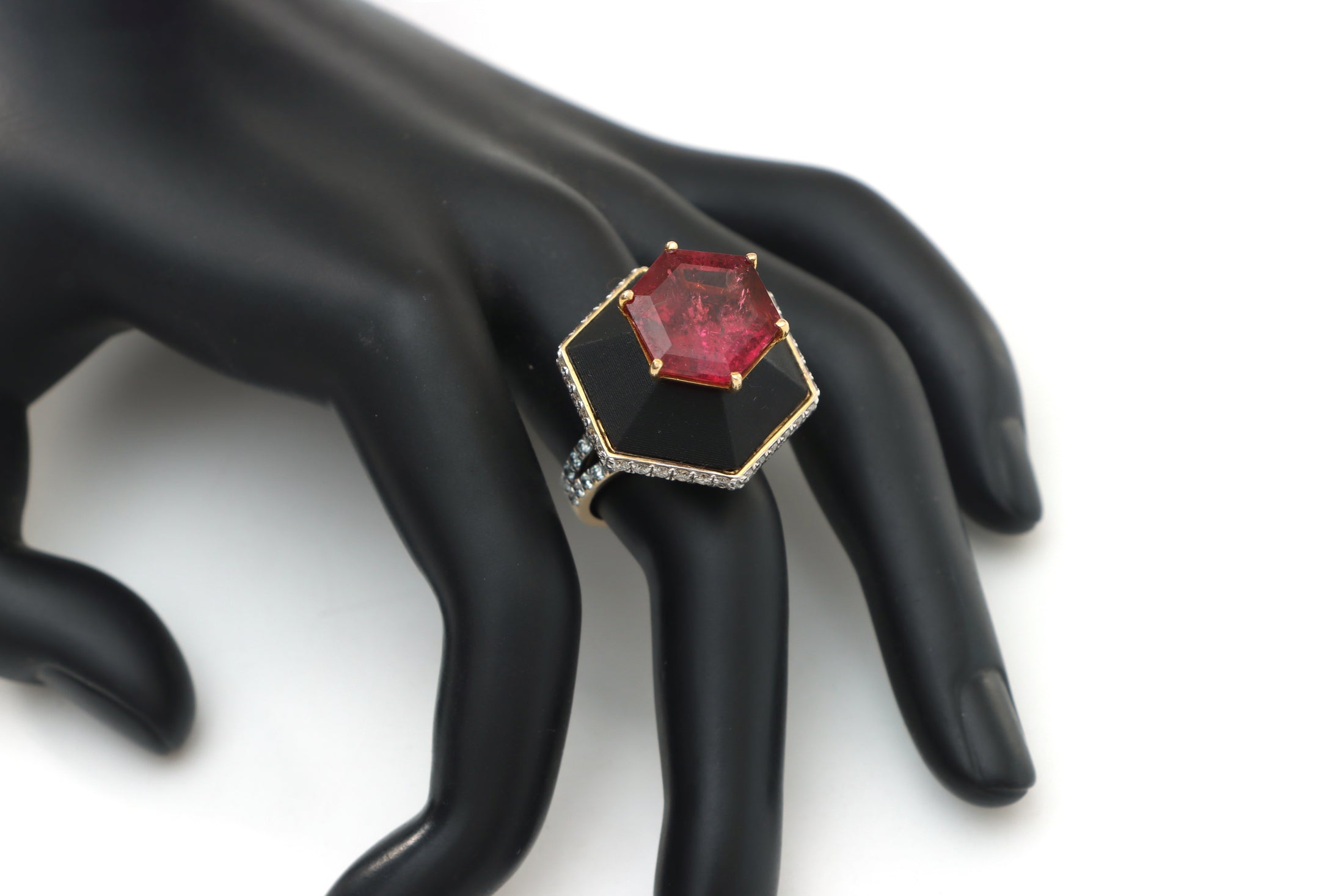 Natural Tourmaline Hexagon Cut and Black Onyx Carving 14K gold ring back view - NFJSD-1009