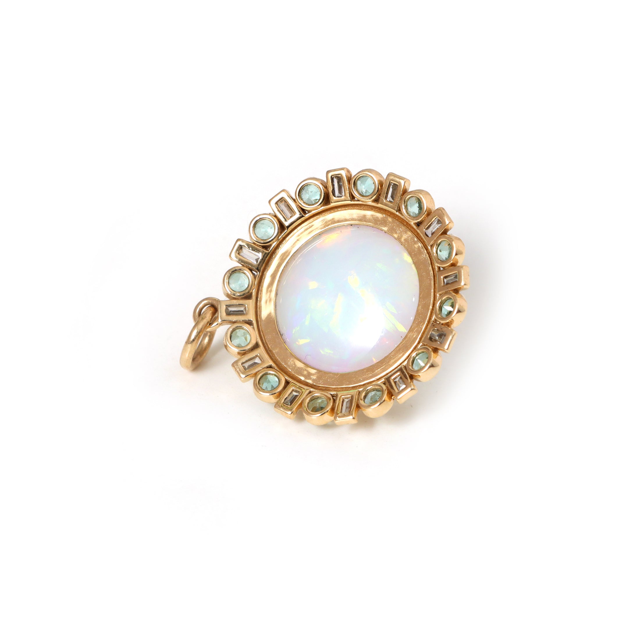 Natural Ethiopian Opal and Emerald 14K gold pendant close-up detail - NFJSD-1924