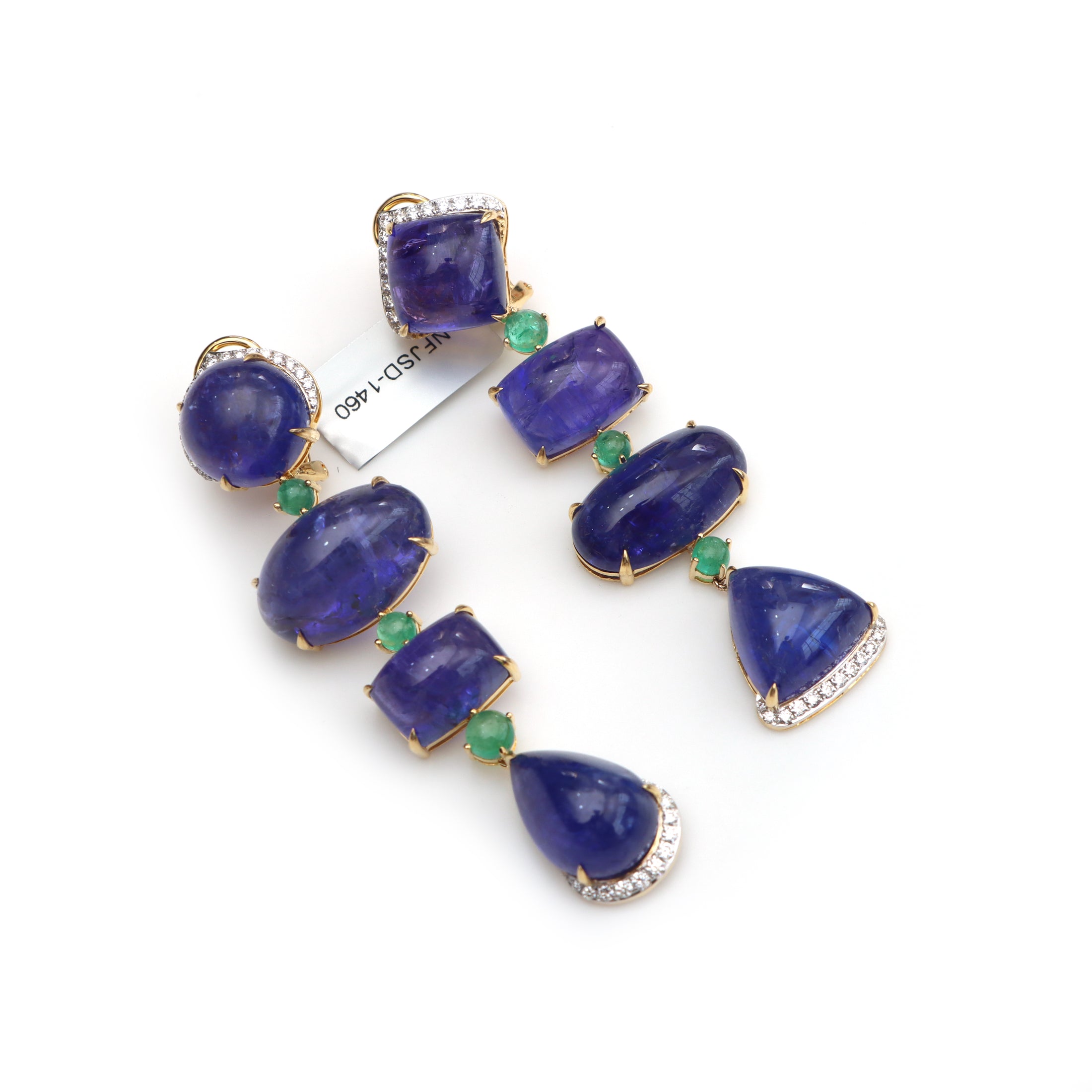 Natural Emerald and Tanzanite 18K gold earrings front view - NFJSD-1460