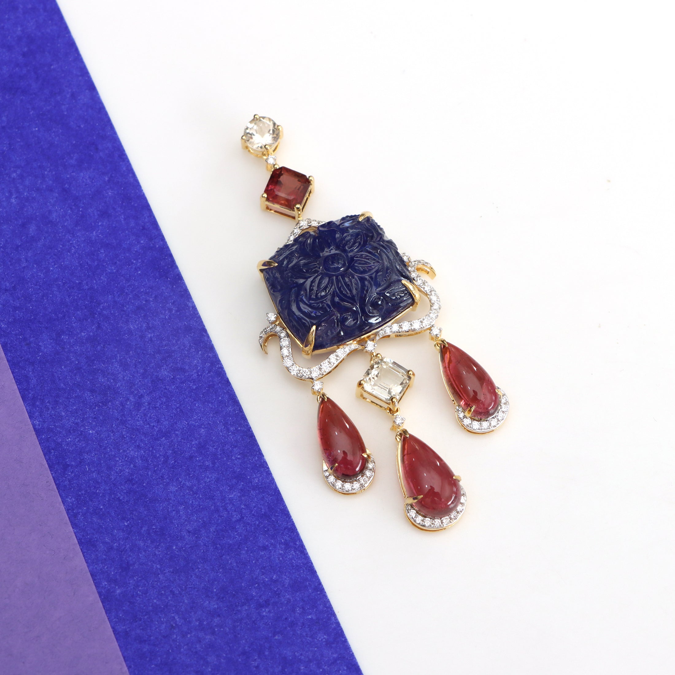 Natural Tourmaline and Tanzanite 18K gold pendant close-up detail - NFJSD-1464